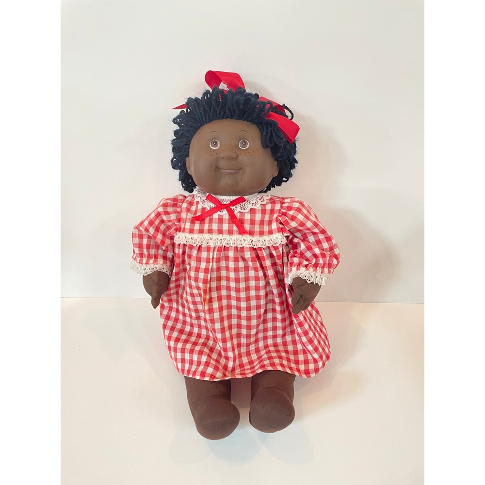 Vintage Cabbage Patch Kids Doll Black Yarn Hair Red Gingham Dress Freckles 1980s